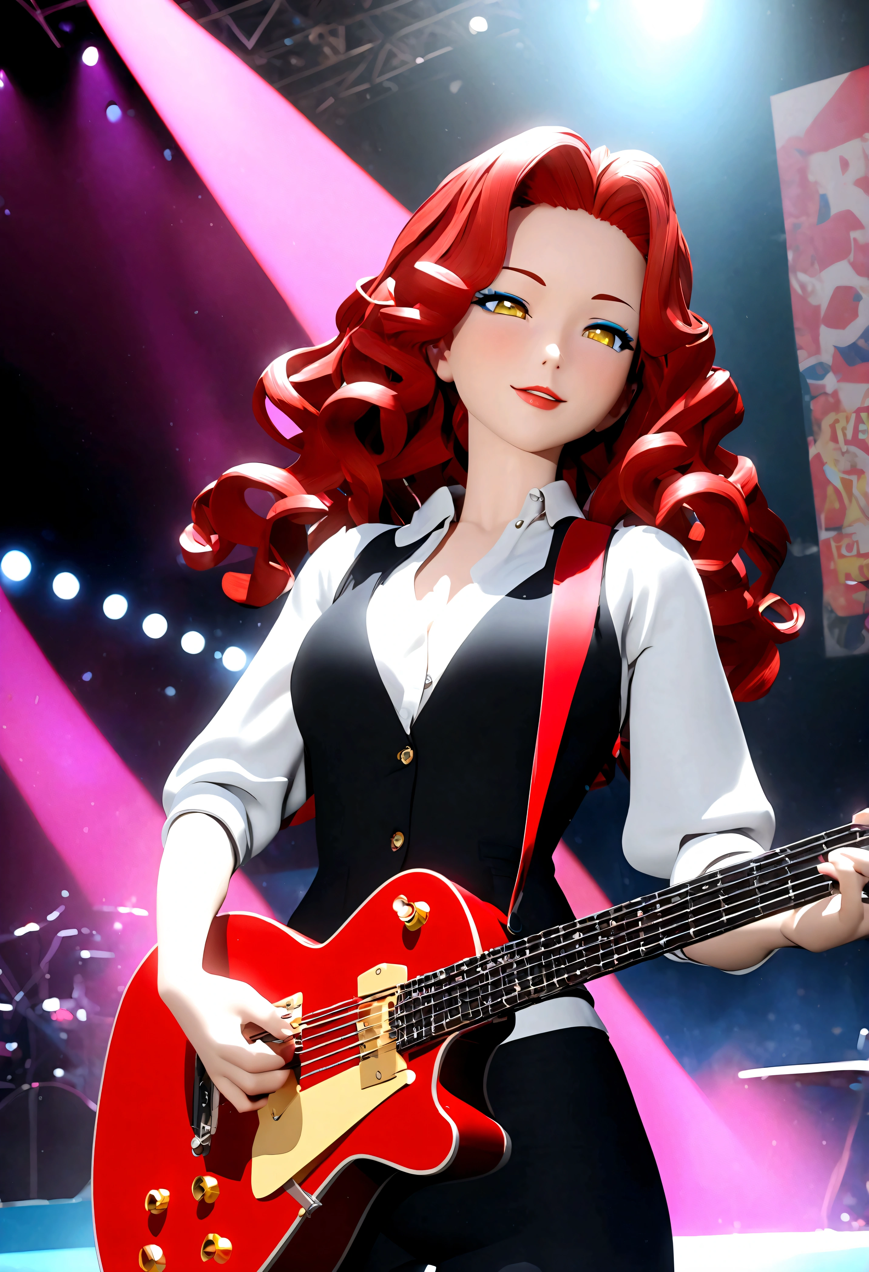 3D anime character,animate,real,1 girl,30 years old,glamorous,medium hair,((perm)),wavy hair,red hair,forehead,Voluminous curly hair,seductive smile,Light blue eyeshadow,red eyebrows,yellow eyes,tsurime,narrow eyes,half opend eyes,red lips,Confident expression,light smile,calm,black vest,white shirt,collared shirt,Unbutton the top button of shirt,black pants, BREAK standing,singing,play the red guitar,stage,The background features bold,colorful lettering and stage lights,capturing a lively,energetic performance