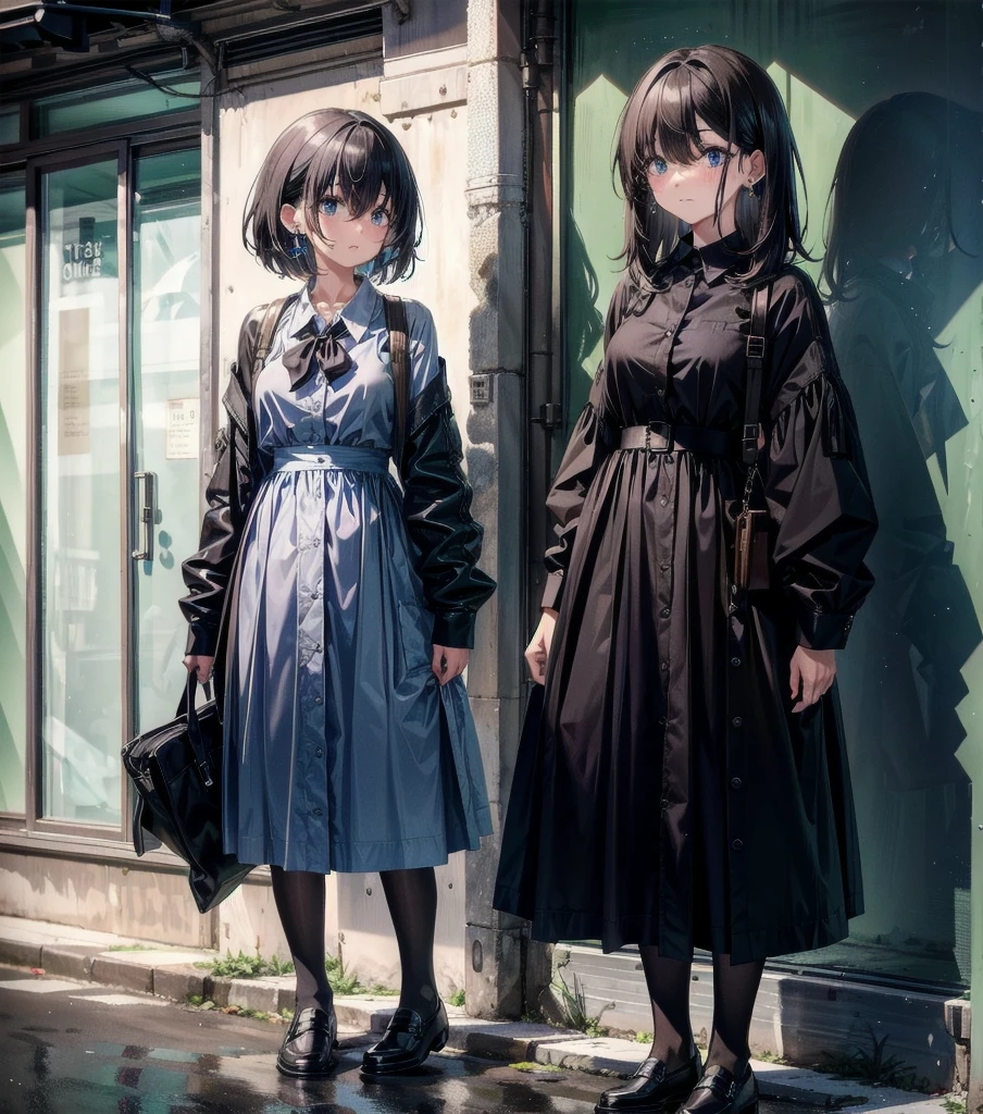 medium hair, medium tits, tearful mole, earring, full body, collared shirt dress,