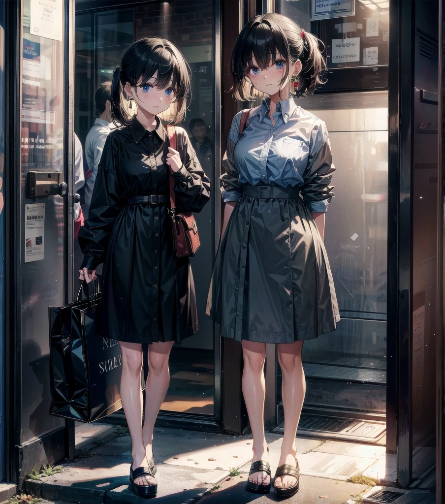 medium hair, medium tits, tearful mole, earring, full body, collared shirt dress,