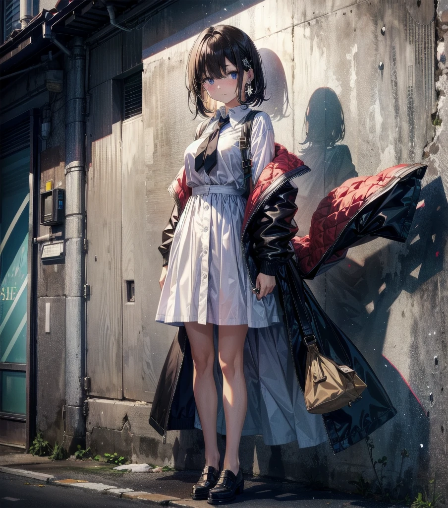 medium hair, medium tits, tearful mole, earring, full body, collared shirt dress,
