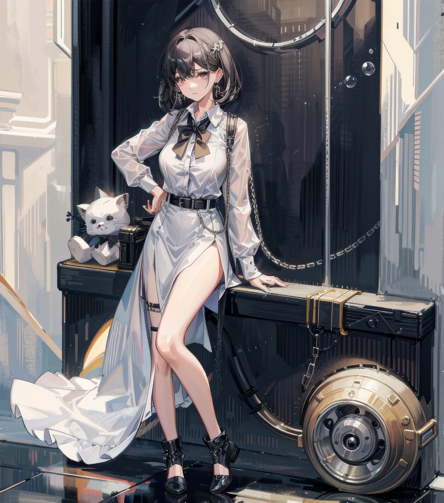 medium hair, medium tits, tearful mole, earring, full body, collared shirt dress,