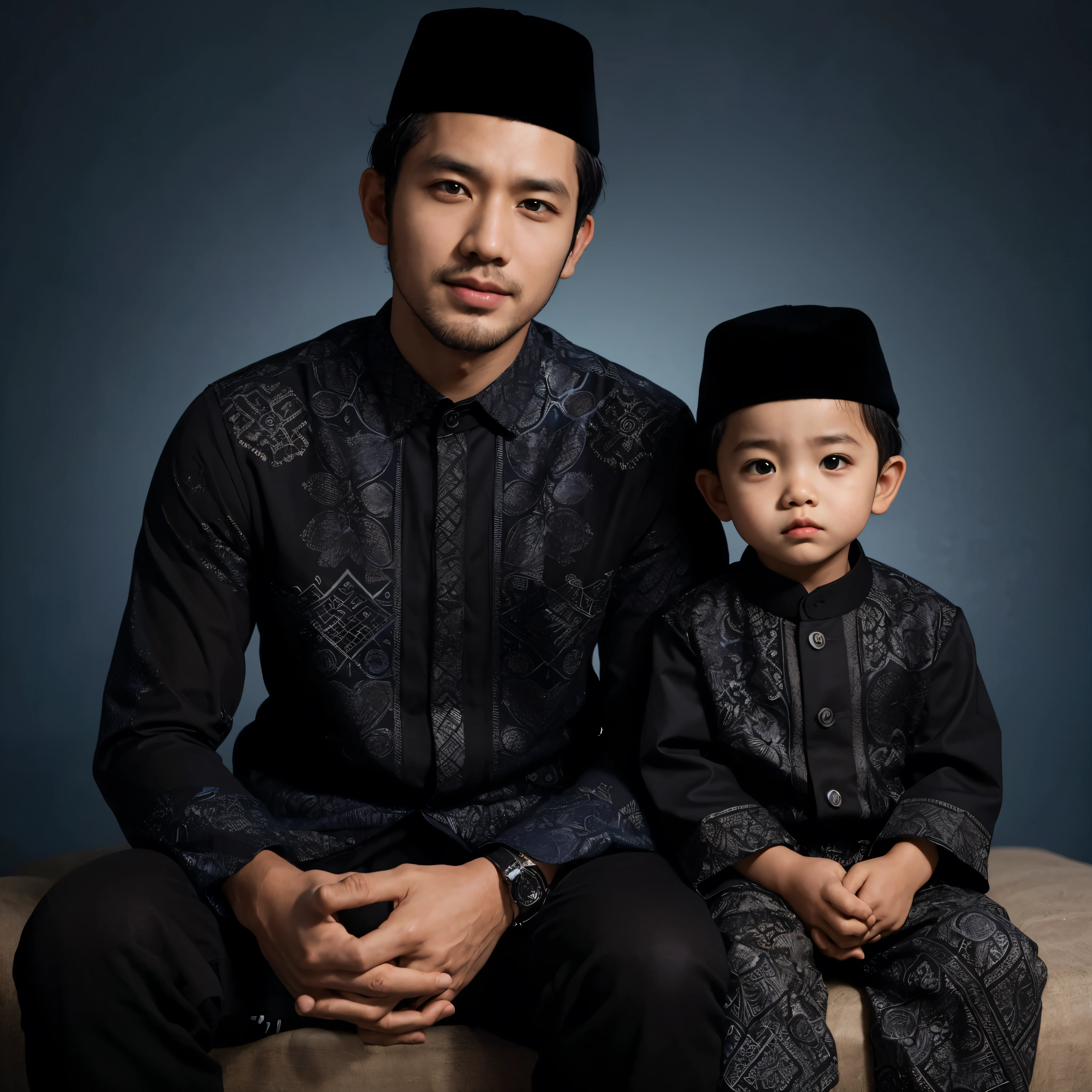 Family photo in Indonesia, a 35-year-old man with a clean face, a 3-year-old boy, both wearing black caps, navy batik shirts combined with black, and black pants, Muslim, standing pose, studio photo, professional, detailed, ultra HD, 8k, white lighting, abstract dark blue background.