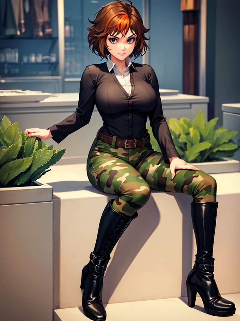 merula, full body, thighs, high boots high heels, solo girl, medium tits, camouflage pants, sitting