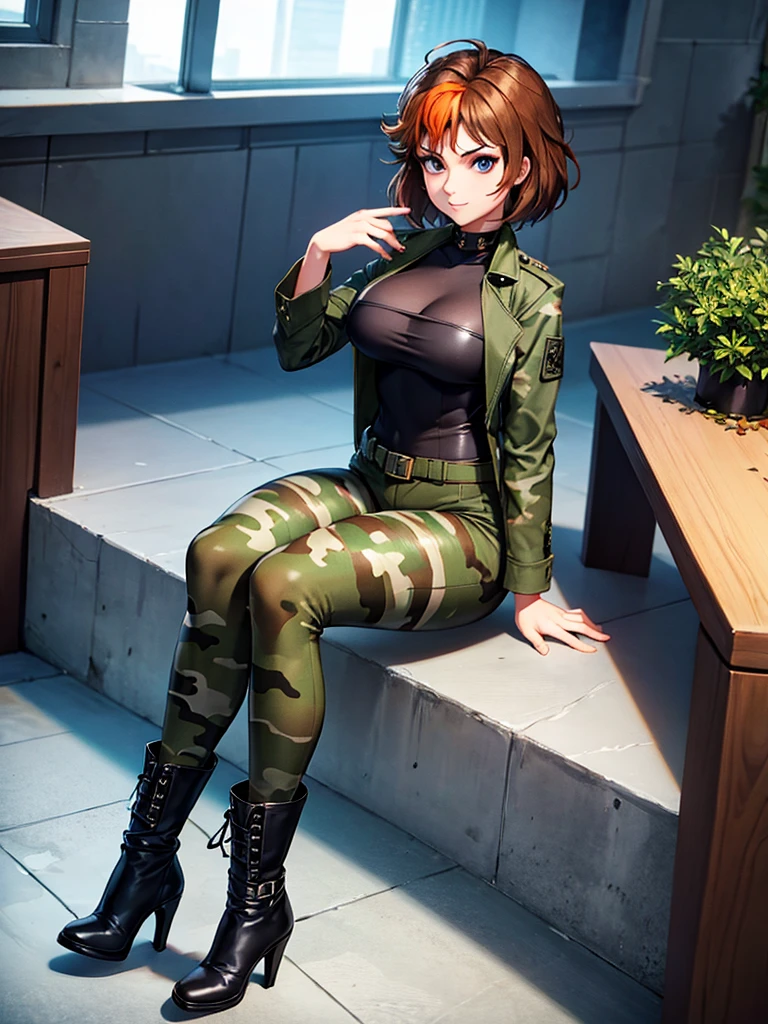 merula, full body, thighs, high boots high heels, solo girl, medium tits, camouflage pants, sitting