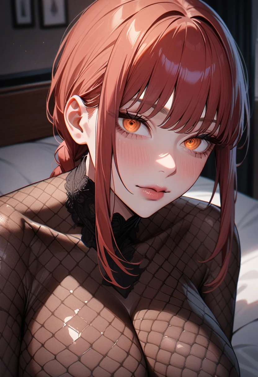 1girl,solo,makima \(chainsaw man\), chainsaw man,super detailed skin,shiny skin,natural face ,eyelashes,lips gloss,red hair,sidelocks,a braid, large breasts,bedroom,Fishnet bodystocking,masterpiece,best quality,ultra detailed,high resolution,sharp focus