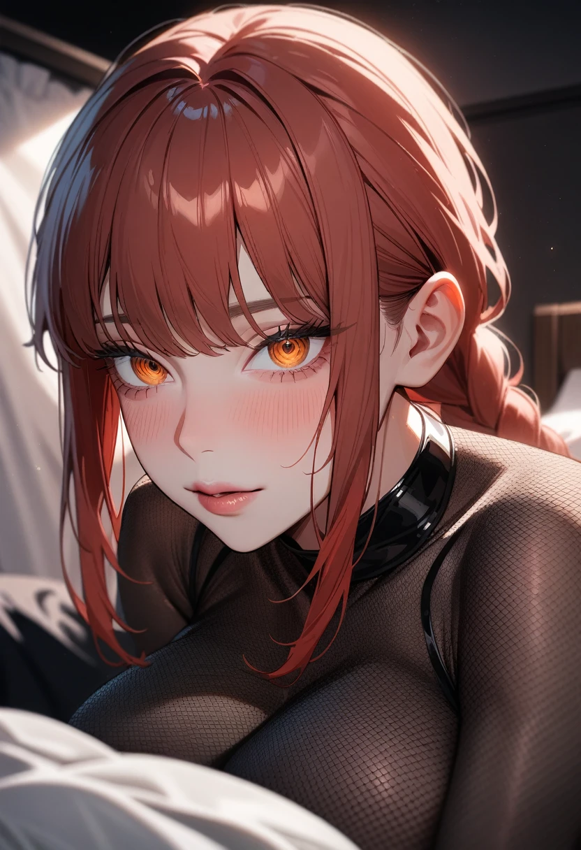 1girl,solo,makima \(chainsaw man\), chainsaw man,super detailed skin,shiny skin,natural face ,eyelashes,lips gloss,red hair,sidelocks,a braid, large breasts,bedroom,Fishnet bodystocking,masterpiece,best quality,ultra detailed,high resolution,sharp focus