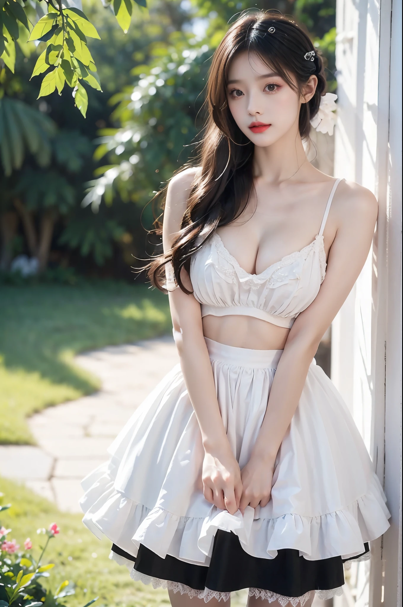 maid attire, black pantyhose, high heels, Beauty, beautiful女人,Have a perfect body:1.4,Layered Hairstyle,((Big breasts)), ((D cup)), Visible cleavage,Bare shoulders, Highly detailed face and skin texture,Double eyelids,Skin Whitening,Long hair,Whitening long legs,Standing by the sea, Fashion girl, Red lips, Sweet maiden, beautiful妆容, detail, lifelike, Very detailed, amazing, beautiful, Young and energetic, high quality,High Definition, rich and colorful,Exquisite, Smooth skin, The skirt is short, Lift the skirt with your hands, Elegant and charming posture, Official Art, Extremely detailed, Movie atmosphere, Soft colors, Natural skin texture,