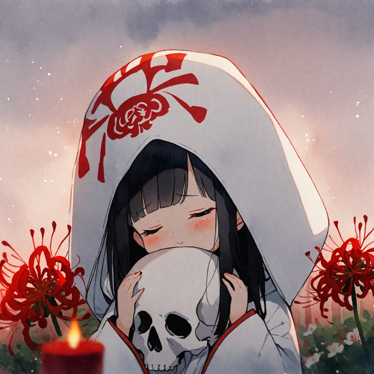 1girl、Black hair, long hair、straight hair、 white kimono,wedding,wataboushi,uchikake,standing,white hood,、shiromuku、 skull, cheeks to skull, red candle、red spider Lily、flower garden、(watercolor painting:1.3)、evening,faint light、deep shadows