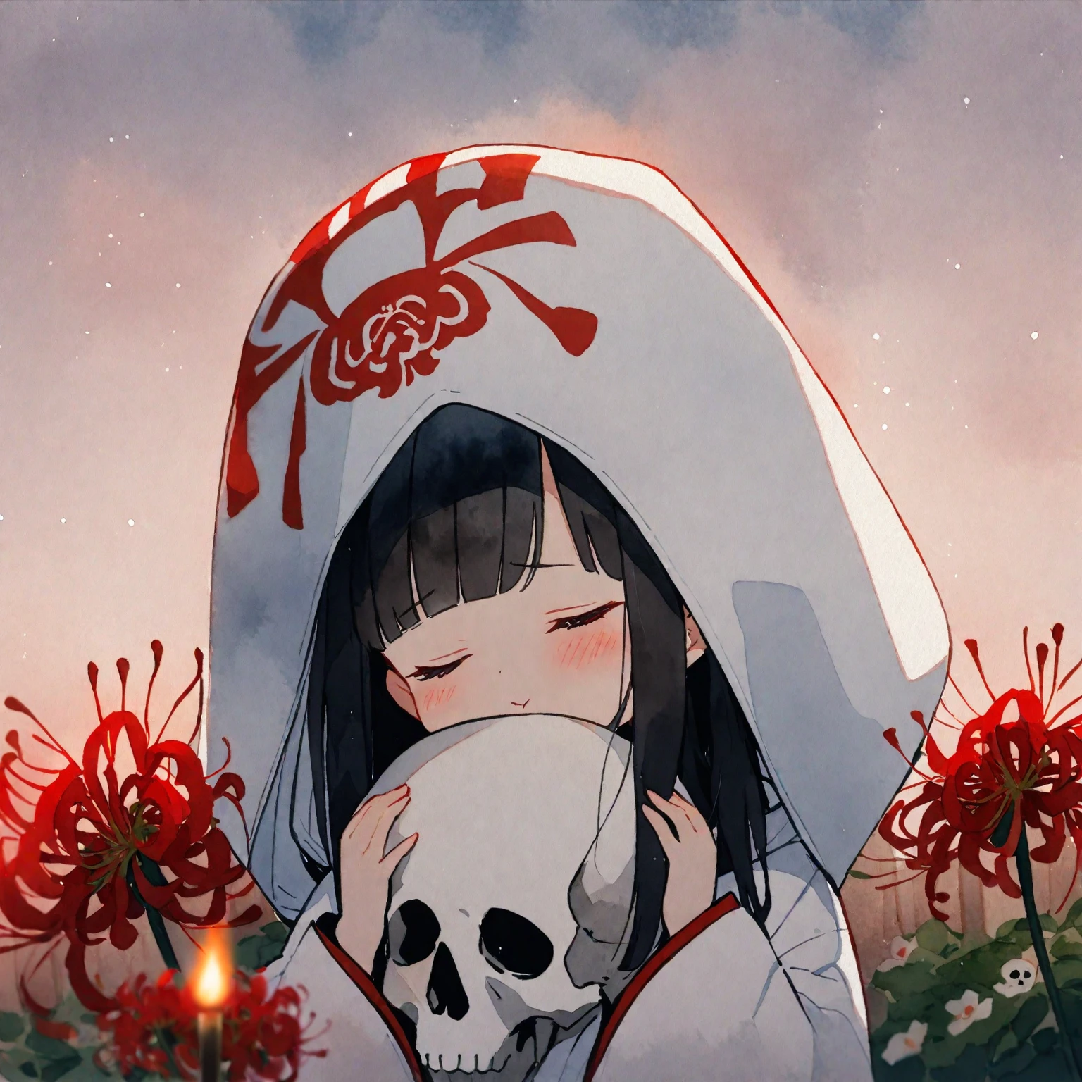 1girl、Black hair, long hair、straight hair、 white kimono,wedding,wataboushi,uchikake,standing,white hood,、shiromuku、 skull, cheeks to skull, red candle、red spider Lily、flower garden、(watercolor painting:1.3)、evening,faint light、deep shadows