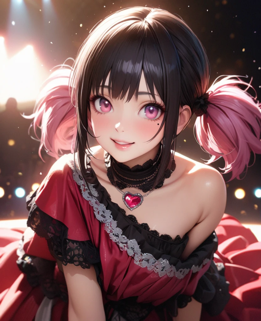 One Girl、Looking at the audience、
Beautiful pink eyes、short twin tail hair , Mole under the eye、Plump and glossy lips、Heart-shaped choca、Idol、Her name is Rico,smile、ー、。.。.。.。.。.。.。.。.。.。.。.。.。.。.。.。.。.。.3D、Realistic、
off shoulder dress, Drape clothes、gem、The decoration has been removed、Floral、Lace trim,On a glittering stage、
masterpiece、highest quality、8k、Detailed skin texture、Detailed cloth texture、Beautifully detailed face、Intricate details、Very detailed、
超A high resolution、8k Ultra HD、Film Grain、Best Shadow、delicate、Gazing at the audience、front