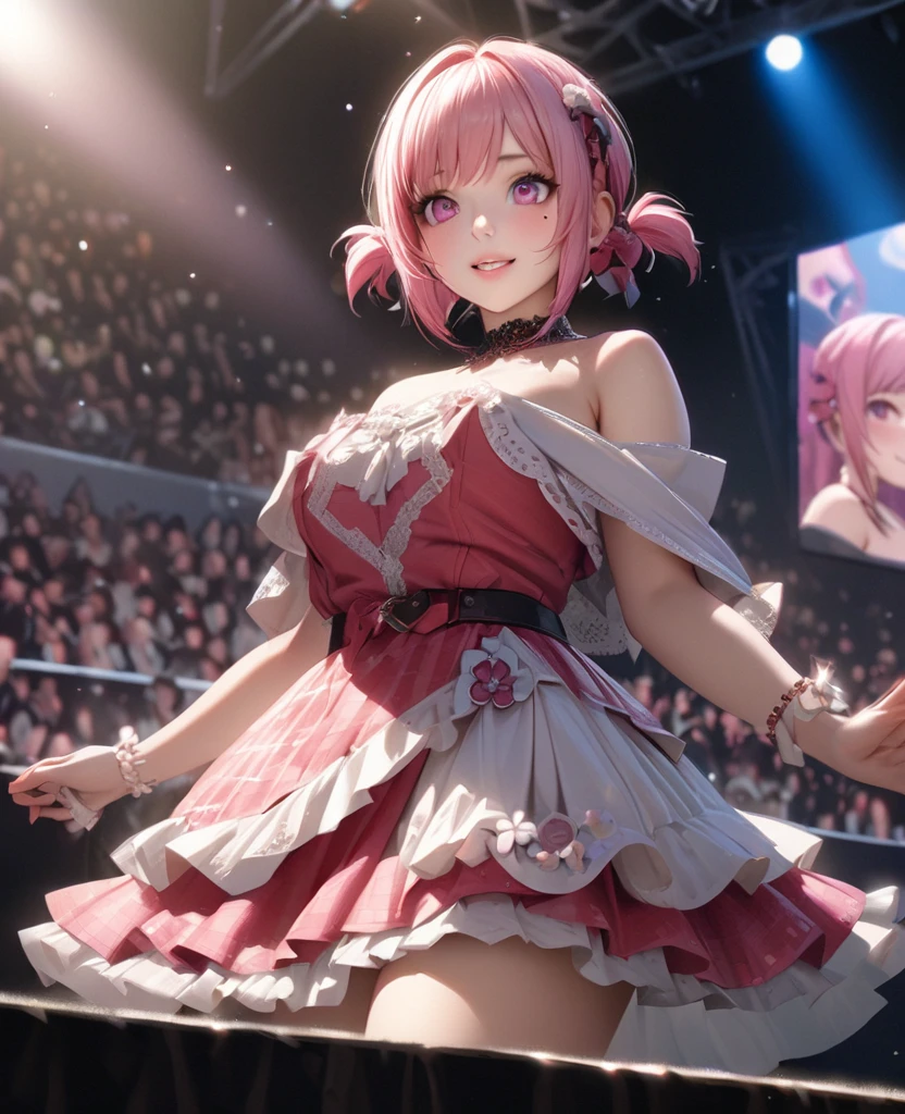One Girl、Looking at the audience、
Beautiful pink eyes、short twin tail hair , Mole under the eye、Plump and glossy lips、Heart-shaped choca、Idol、Her name is Rico,smile、ー、。.。.。.。.。.。.。.。.。.。.。.。.。.。.。.。.。.。.3D、Realistic、
off shoulder dress, Drape clothes、gem、The decoration has been removed、Floral、Lace trim,On a glittering stage、
masterpiece、highest quality、8k、Detailed skin texture、Detailed cloth texture、Beautifully detailed face、Intricate details、Very detailed、
超A high resolution、8k Ultra HD、Film Grain、Best Shadow、delicate、Gazing at the audience、front