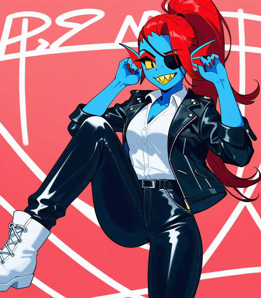 Fraction_9,Fraction_8_direction_7_Top, undyne from undertale, Toothy，Sharp yellow teeth,Light eye patch, Black eyes, sclera, Wearing a white vest、Black leather jacket and trousers，White boots