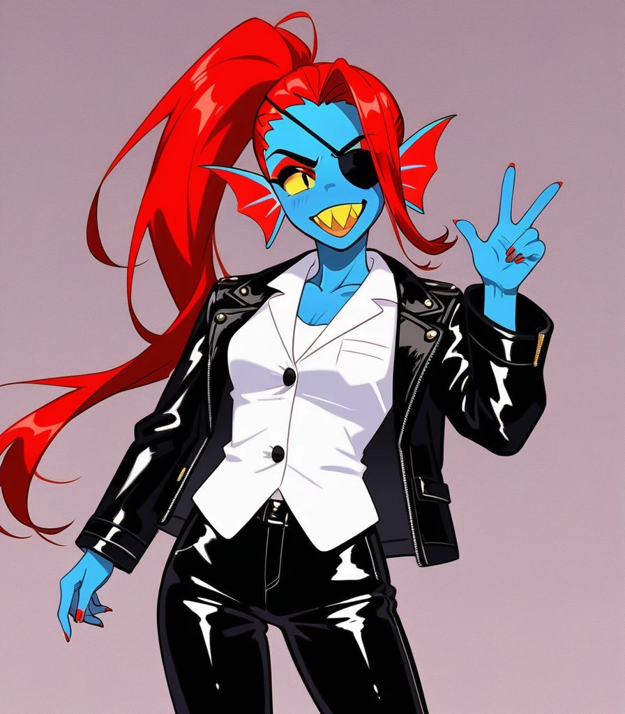 Fraction_9,Fraction_8_direction_7_Top, undyne from undertale, Toothy,Sharp yellow teeth,Light eye patch, Black eyes, sclera, Wearing a white vest、Black leather jacket and trousers,White boots