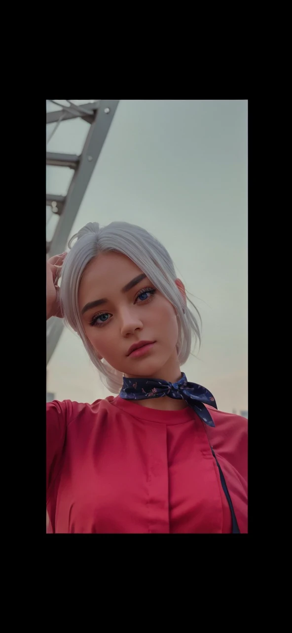 (8k, RAW photo, masterpiece:1.3), (realistic, photo-realistic:1.37), (night), (looking at viewer:1.331), (white hair), posing, Tokyo street, nightcityscape, cyberpunk city, soft light, 1girl, extremely beautiful face, bust, put down hands, Random hairstyle, Random expression, big eyes, lower abdomen, (short-sleeved .JK_shirt), JK_style, (dark blue JK_skirt), (bow JK_tie), mix4., best quality