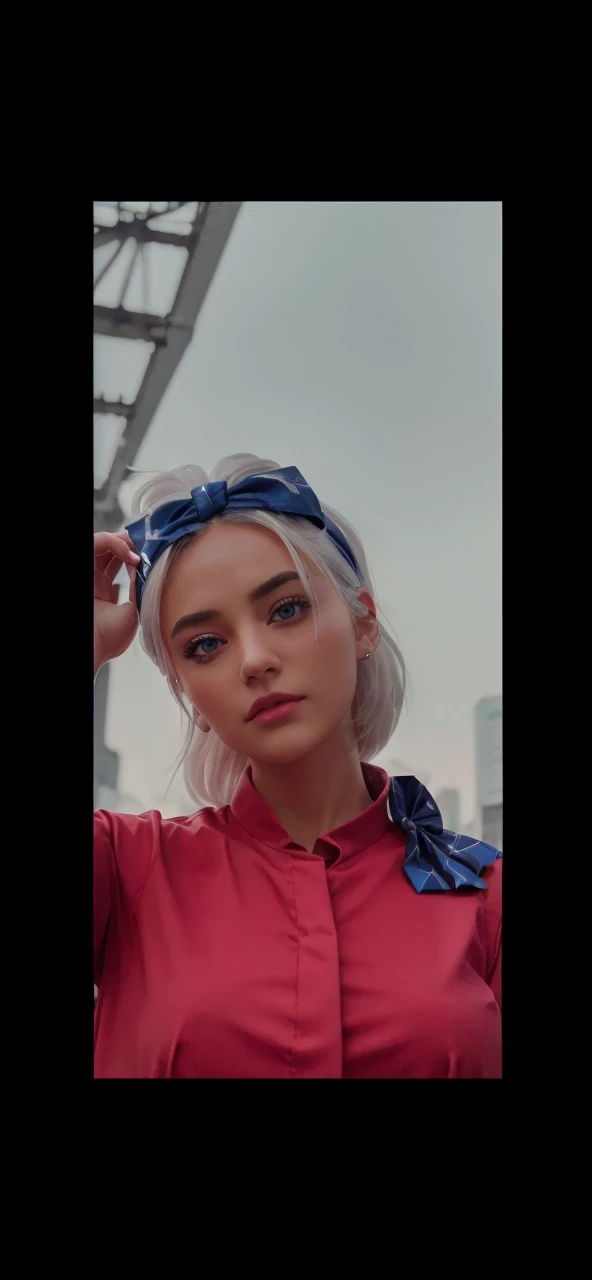 (8k, RAW photo, masterpiece:1.3), (realistic, photo-realistic:1.37), (night), (looking at viewer:1.331), (white hair), posing, Tokyo street, nightcityscape, cyberpunk city, soft light, 1girl, extremely beautiful face, bust, put down hands, Random hairstyle, Random expression, big eyes, lower abdomen, (short-sleeved .JK_shirt), JK_style, (dark blue JK_skirt), (bow JK_tie), mix4., best quality