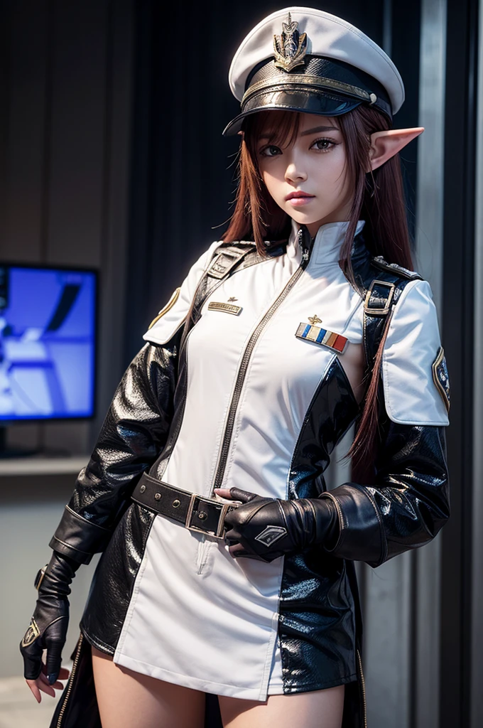 Create a highly detailed 3D rendering of a character named Ulc from SEGA's PSO2. The character is an elf-like female with pointed ears and long, straight, dark red hair. She wears a futuristic, military-style uniform with gray and white colors. (small military garisson cap), The uniform includes a fitted jacket with intricate white designs, shoulder epaulets, and a skirt. She has a serious expression and is depicted with one hand near her ear as if she is communicating through a device.  (shiny skin)