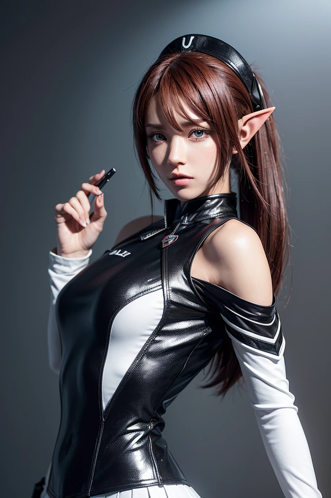 Create a highly detailed 3D rendering of a character named Ulc from SEGA's PSO2. The character is an elf-like female with pointed ears and long, straight, dark red hair. She wears a futuristic, military-style uniform with gray and white colors. (small military garisson cap), The uniform includes a fitted jacket with intricate white designs, shoulder epaulets, and a skirt. She has a serious expression and is depicted with one hand near her ear as if she is communicating through a device. (shiny skin)