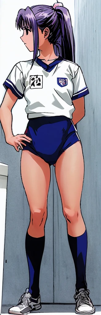 Momoko Koigakubo, a tall girl with beautiful legs, is standing with her legs spread to the sides in a white gym uniform and light navy blue bloomers that look like panties.。Side angle。