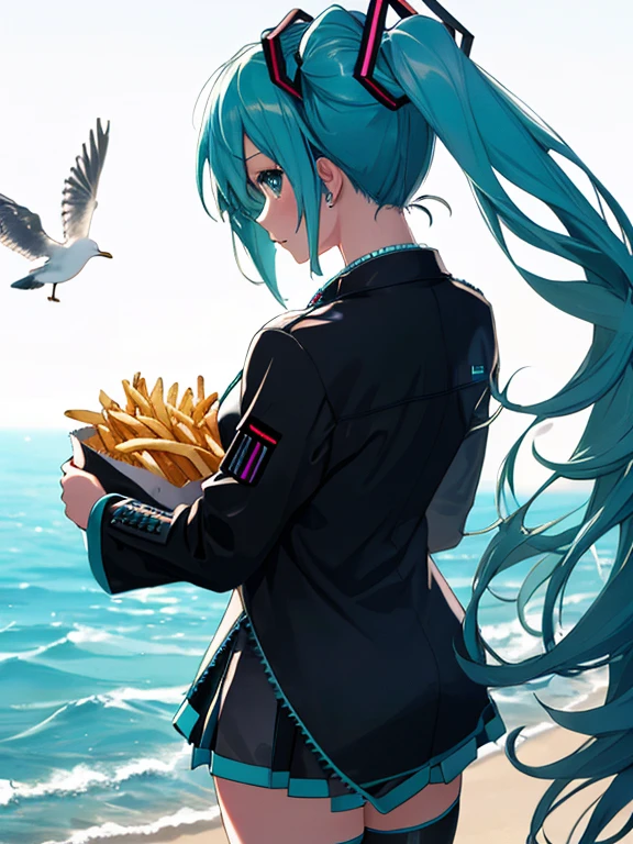 Hatsune Miku, Back View, Seagull and Fries, UHD, retina, masterpiece, ccurate, anatomically correct, textured skin, super detail, high details, high quality, best quality, highres, 4K