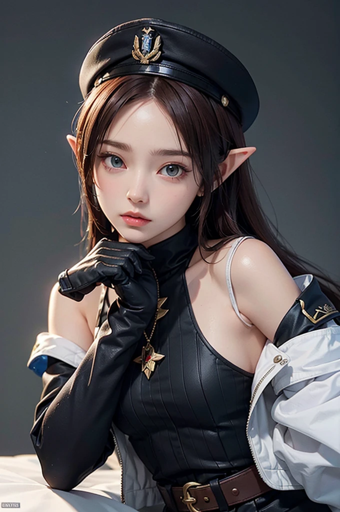 Create a highly detailed 3D rendering of a character named Ulc from SEGA's PSO2. The character is an elf-like female with pointed ears and long, straight, dark red hair. She wears a futuristic, military-style uniform with gray and white colors. (small military garisson cap), The uniform includes a fitted jacket with intricate white designs, shoulder epaulets, and a skirt. She has a serious expression and is depicted with one hand near her ear as if she is communicating through a device.  (shiny skin)