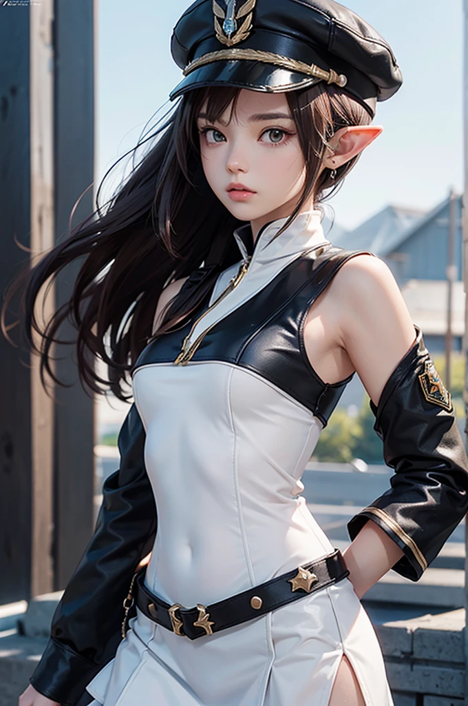 Create a highly detailed 3D rendering of a character named Ulc from SEGA's PSO2. The character is an elf-like female with pointed ears and long, straight, dark red hair. She wears a futuristic, military-style uniform with gray and white colors. (small military garisson cap), The uniform includes a fitted jacket with intricate white designs, shoulder epaulets, and a skirt. She has a serious expression and is depicted with one hand near her ear as if she is communicating through a device.  (shiny skin)