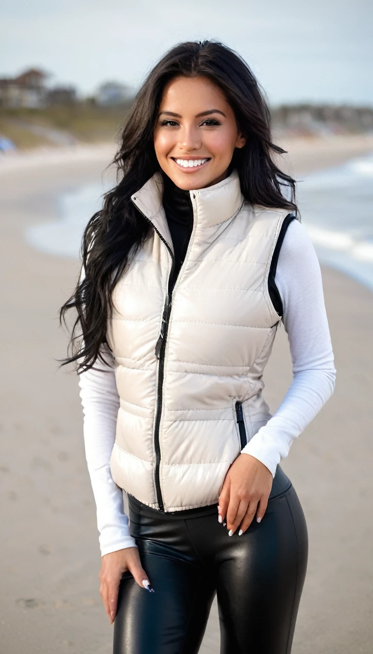 Portrait of a beautiful 25-year-old  woman, schwarze haare, beautiful latina, grey longsleeve with white padded vest and black faux leather leggins, am strand, (heller sand, helles und lebendiges Licht: 1.2), shy smile, very big , tanned, nsfw
