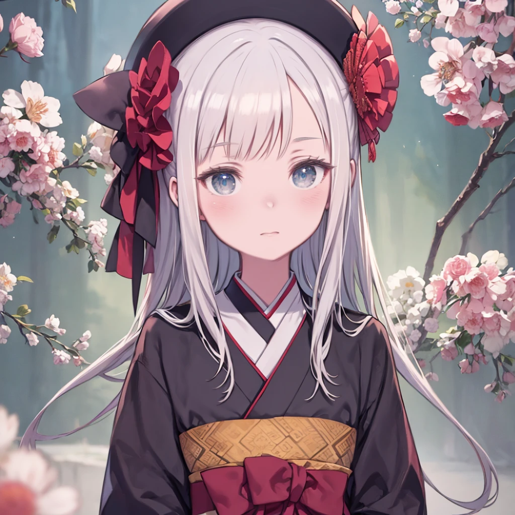 (Highest quality, High resolution, masterpiece:1.2), Perfect Face, (Gentle expression), Delicate eyes, elegant,blue eyes, big , wearing a white and brown elegant kimono, Flowers, Long white hair, Looking at the audience，close