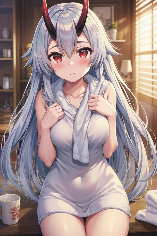 masterpiece, best quality, 1girl, tomoe gozen, torino style, glowing red eyes, blush face, hair between eyes, silver long hair, oni horns, towel