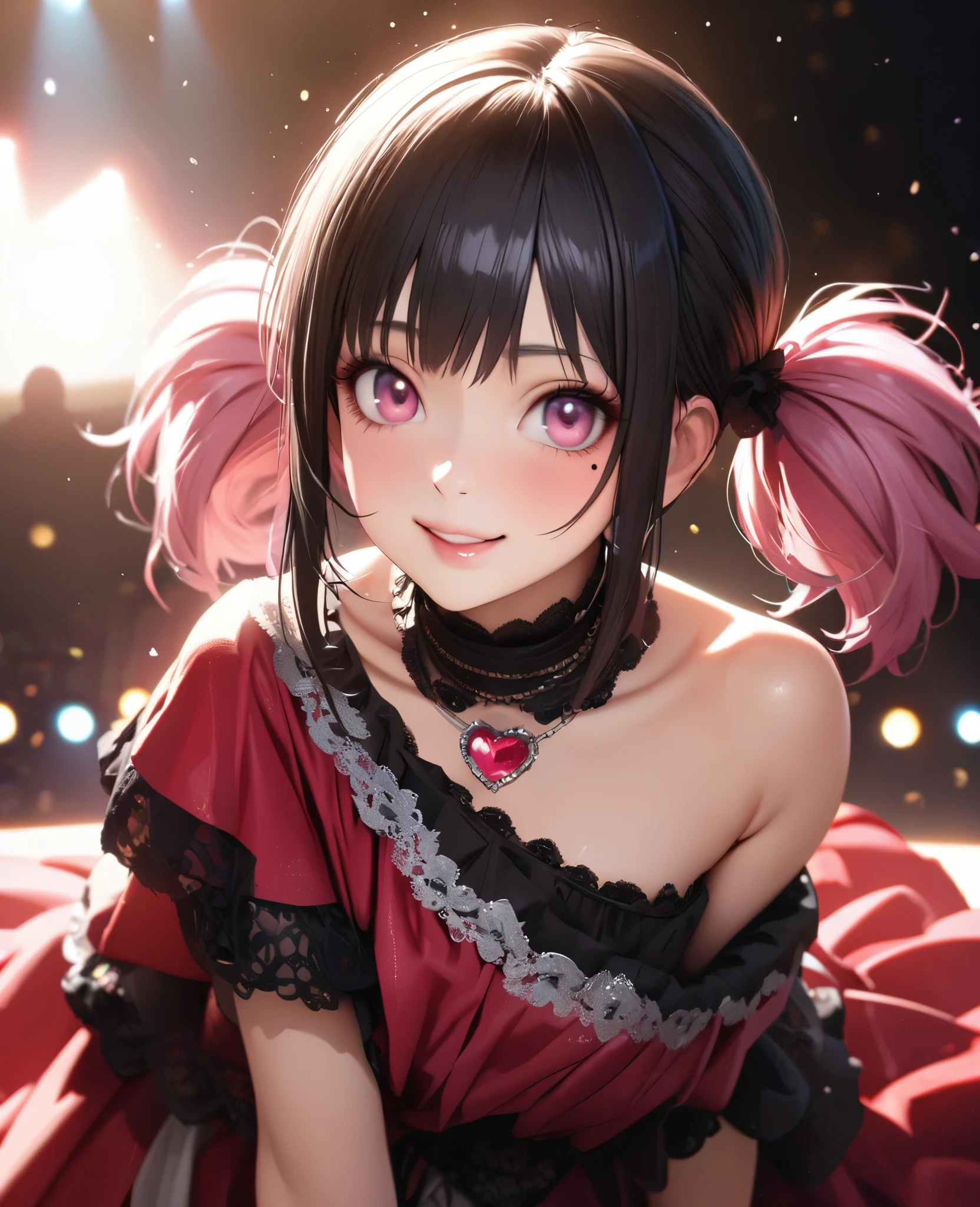 One Girl、Looking at the audience、
Beautiful pink eyes、short twin tail hair , Mole under the eye、Plump and glossy lips、Heart-shaped choca、Idol、Her name is Rico,smile、ー、。.。.。.。.。.。.。.。.。.。.。.。.。.。.。.。.。.。.3D、Realistic、
off shoulder dress, Drape clothes、gem、The decoration has been removed、Floral、Lace trim,On a glittering stage、
masterpiece、highest quality、8k、Detailed skin texture、Detailed cloth texture、Beautifully detailed face、Intricate details、Very detailed、
超A high resolution、8k Ultra HD、Film Grain、Best Shadow、delicate、Gazing at the audience、front