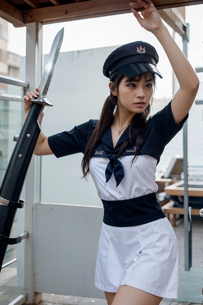 make me a vector of a sailor from the side wearing a sailor's hat holding a sword