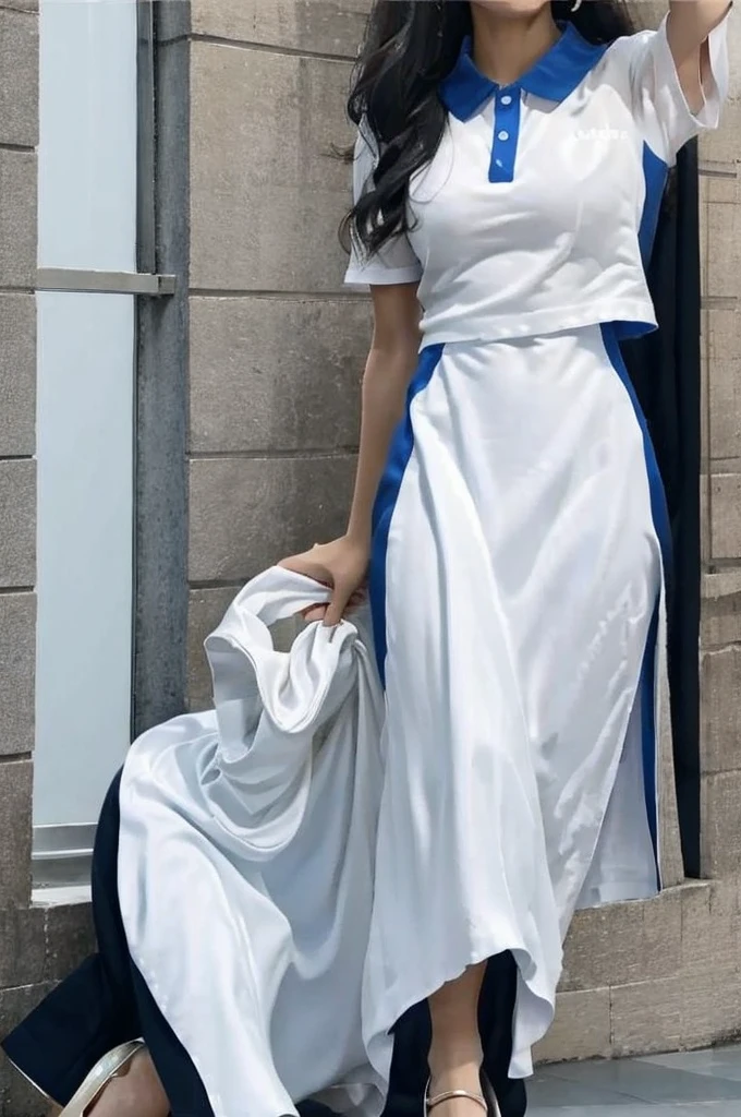 She is a girl of average height, with a slender figure and light skin. He has long, slightly wavy blonde hair. His eyes are blue and expressive. His face is beautiful, and he has a smile. Dress in formal attire: white silk blouse, black pencil skirt, and elegant high heels.