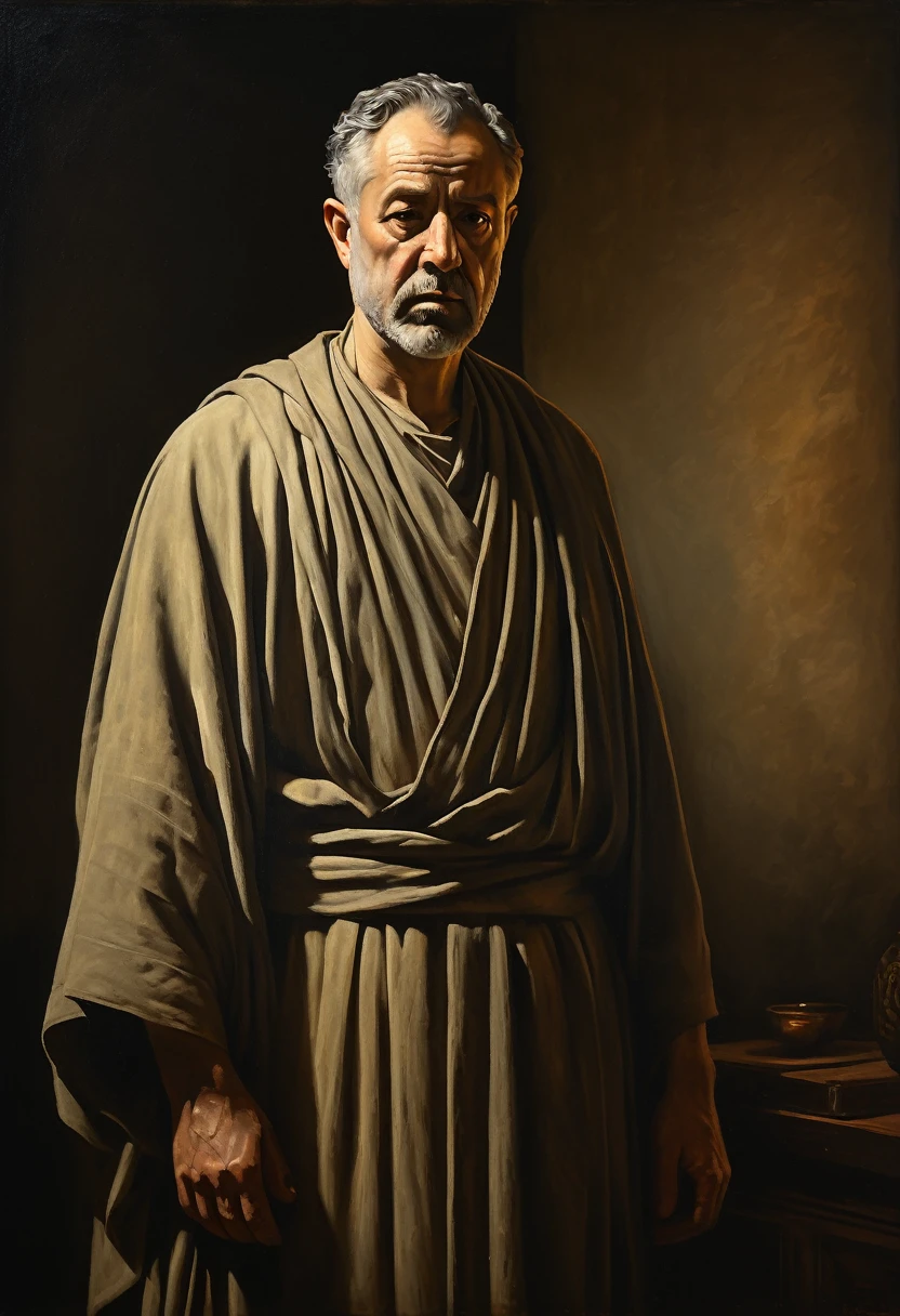 A detailed, meditative portrait of a stoic figure from a bygone era, realistic, highly detailed, cinematic lighting, dramatic chiaroscuro, muted color palette, oil painting