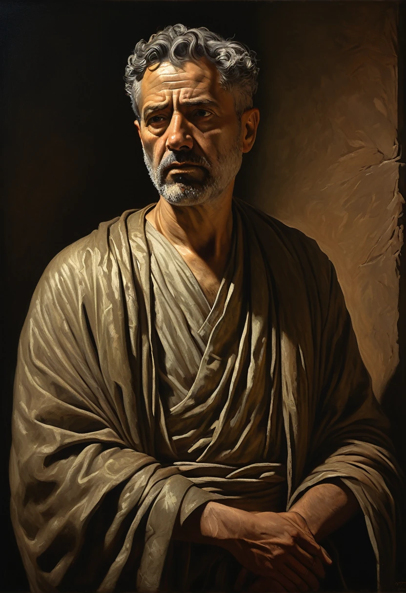 A detailed, meditative portrait of a stoic figure from a bygone era, realistic, highly detailed, cinematic lighting, dramatic chiaroscuro, muted color palette, oil painting