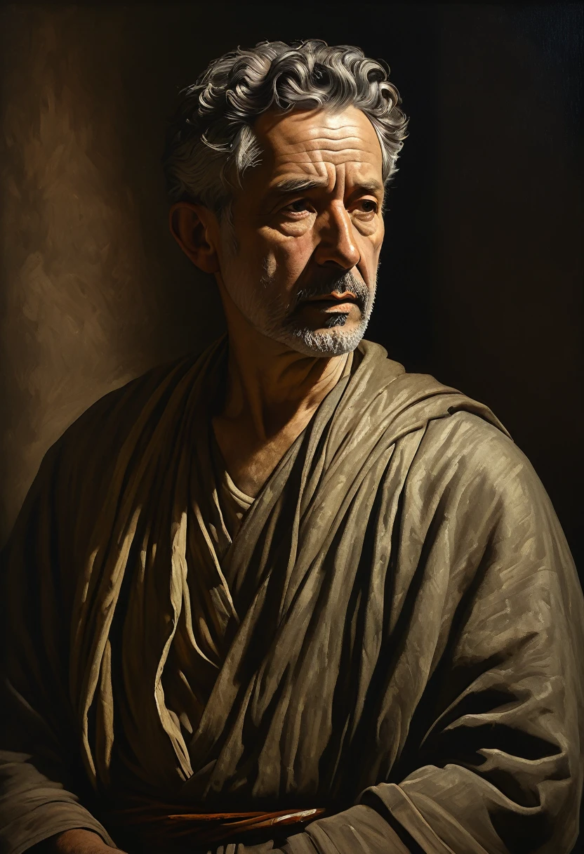 A detailed, meditative portrait of a stoic figure from a bygone era, realistic, highly detailed, cinematic lighting, dramatic chiaroscuro, muted color palette, oil painting