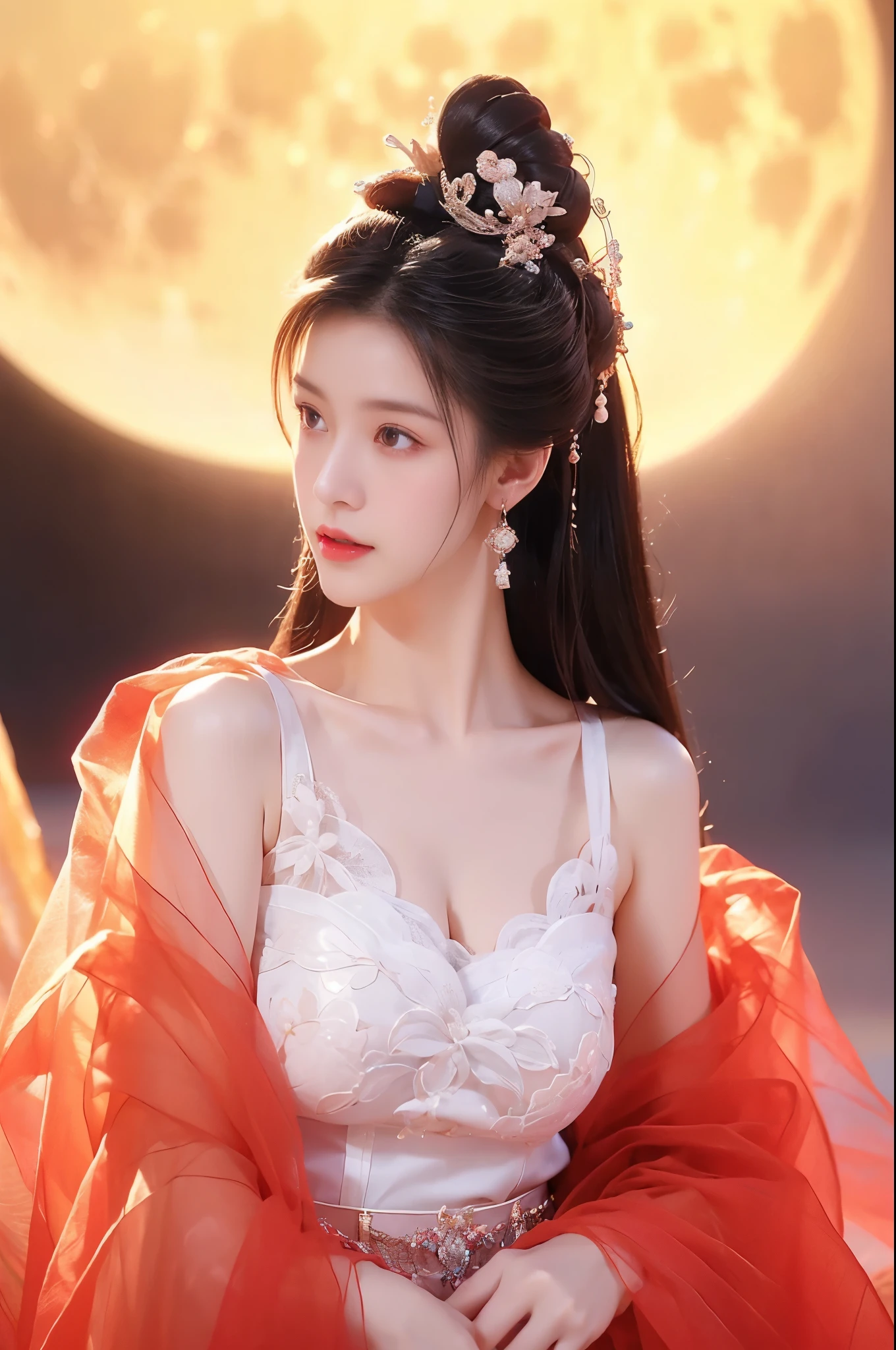 chang_e,hanfu.moon,Beauty, beautiful女人，Have a perfect body：1.4，Layered Hairstyle，((Big breasts)), ((D cup)), Visible cleavage，Bare shoulders, Highly detailed face and skin texture，Double eyelids，Skin Whitening，Long hair，Whitening long legs，Standing by the sea, Fashion girl, Red lips, Sweet maiden, beautiful妆容, detail, lifelike, Very detailed, amazing, beautiful, Young and energetic, high quality，High Definition, rich and colorful，Exquisite, Smooth skin, The skirt is short, Lift the skirt with your hands, Elegant and charming posture, Official Art, Extremely detailed, Movie atmosphere, Soft colors, Natural skin texture,