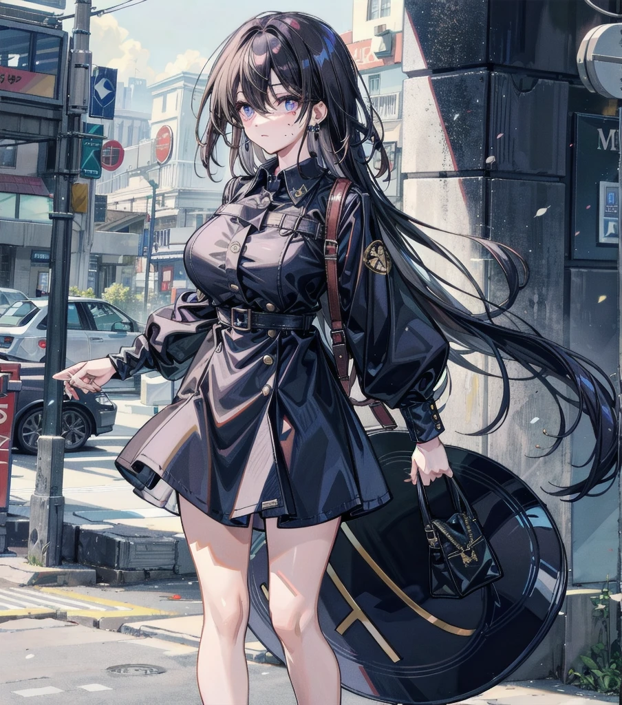 medium hair, big tits, tearful mole, earring, full body, collared shirt dress,