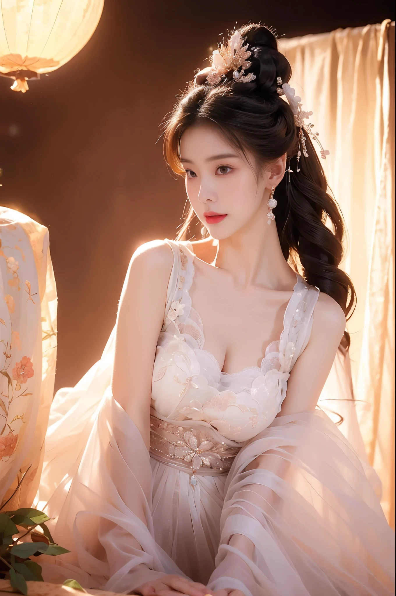 chang_e,hanfu.moon,Beauty, beautiful女人,Have a perfect body:1.4,Layered Hairstyle,((Big breasts)), ((D cup)), Visible cleavage,Bare shoulders, Highly detailed face and skin texture,Double eyelids,Skin Whitening,Long hair,Whitening long legs,Standing by the sea, Fashion girl, Red lips, Sweet maiden, beautiful妆容, detail, lifelike, Very detailed, amazing, beautiful, Young and energetic, high quality,High Definition, rich and colorful,Exquisite, Smooth skin, The skirt is short, Lift the skirt with your hands, Elegant and charming posture, Official Art, Extremely detailed, Movie atmosphere, Soft colors, Natural skin texture,