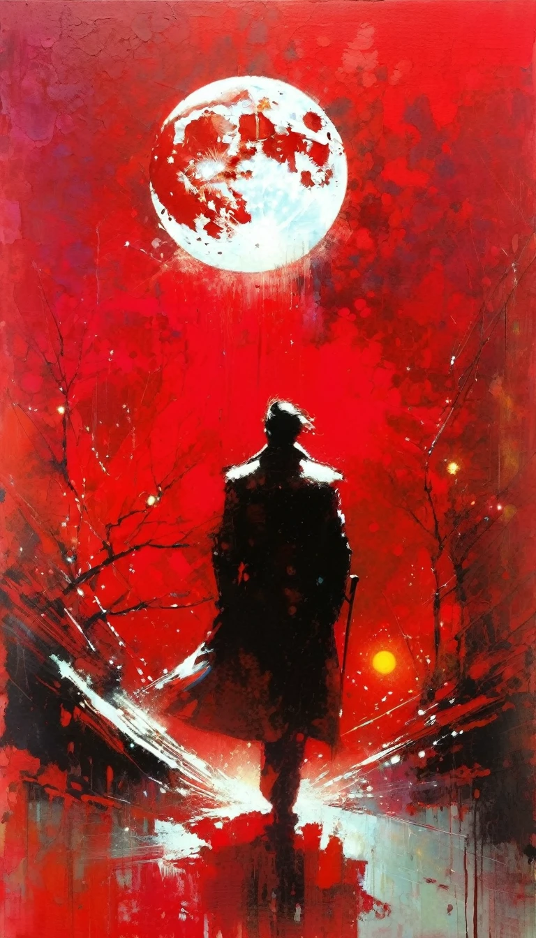 Red background, Bright Moon (Inspirational Art by Bill Sienkiewicz, oil, Brushstroke details add depth)