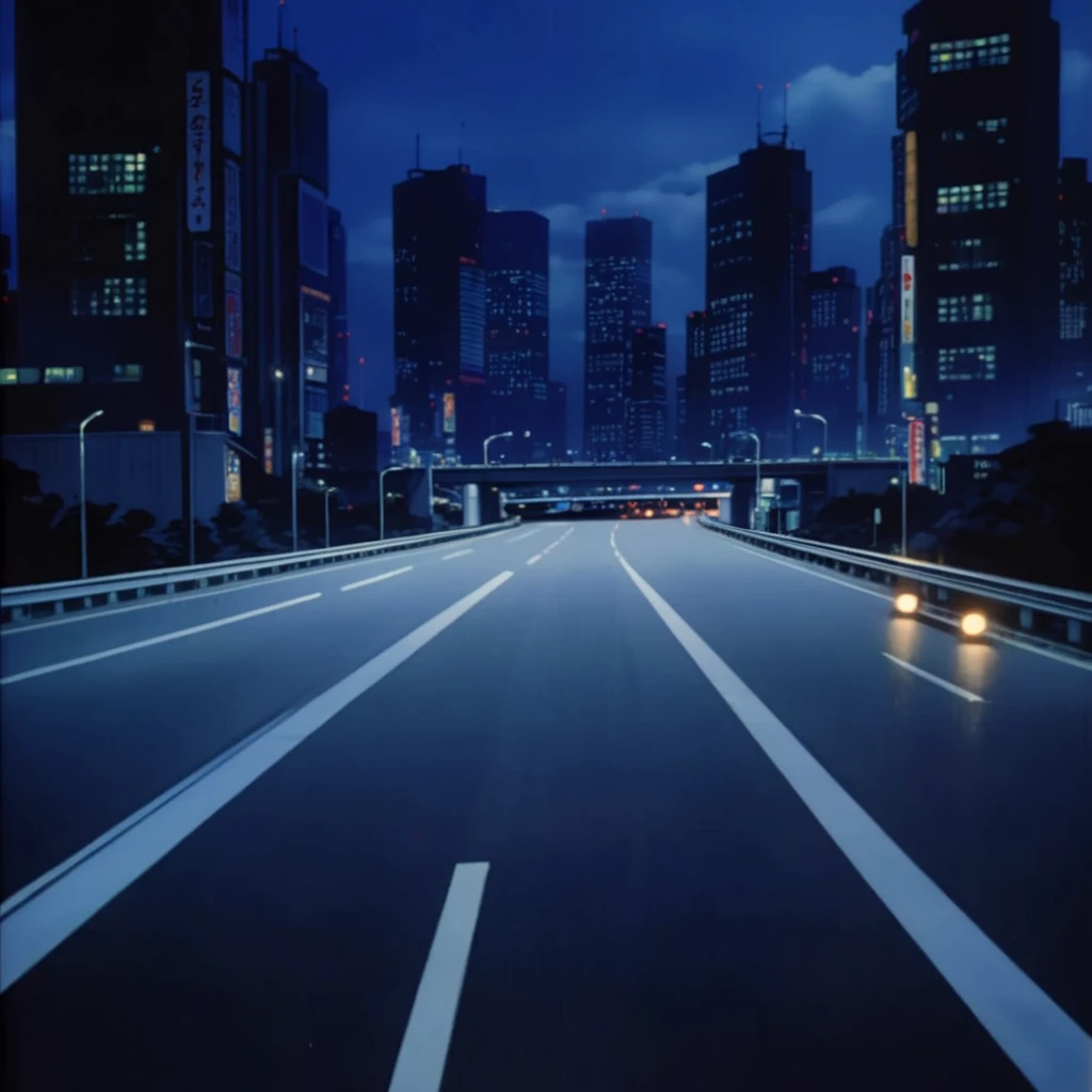  empty highway at night, bright lights, shinjuku megacity background, 1980's, indigo wcity
chiaroscuro atmospheric 
 