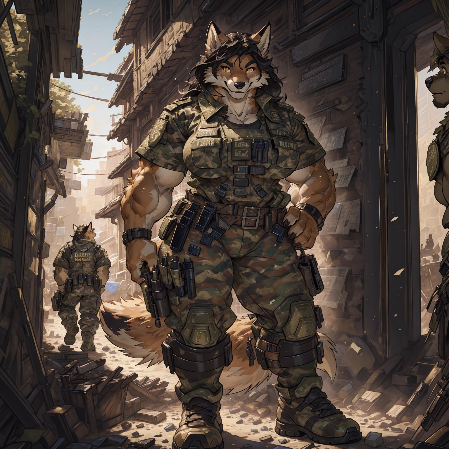 solo, 1girl, fox, female, broad shoulders, stocky build, buff, muscular, large breasts, gold eyes, highly detailed eyes, long snout, Amazon, powerful figure, wearing camouflage_uniform, (urban uniform:1.2), military camp, pistol holster, rolled sleeves, shirt, trousers, cleavage, standing upright, combat boots, full body, smiling, friendly, looking at viewer, realistic lighting, by darkgem, by wfa, by gideon,