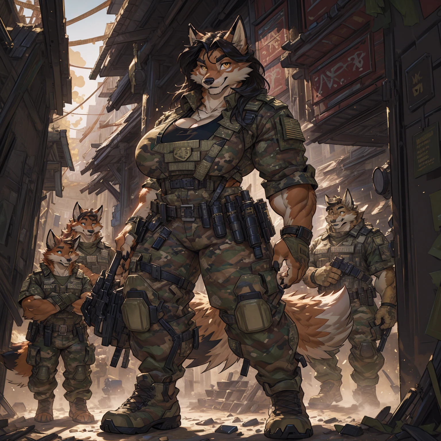 solo, 1girl, fox, female, broad shoulders, stocky build, buff, muscular, large breasts, gold eyes, highly detailed eyes, long snout, Amazon, powerful figure, wearing camouflage_uniform, (urban uniform:1.2), military camp, pistol holster, rolled sleeves, shirt, trousers, cleavage, standing upright, combat boots, full body, smiling, friendly, looking at viewer, realistic lighting, by darkgem, by wfa, by gideon,