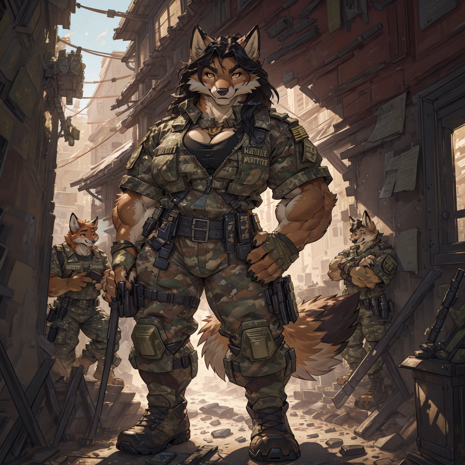 solo, 1girl, fox, female, broad shoulders, stocky build, buff, muscular, large breasts, gold eyes, highly detailed eyes, long snout, Amazon, powerful figure, wearing camouflage_uniform, (urban uniform:1.2), military camp, pistol holster, rolled sleeves, shirt, trousers, cleavage, standing upright, combat boots, full body, smiling, friendly, looking at viewer, realistic lighting, by darkgem, by wfa, by gideon,