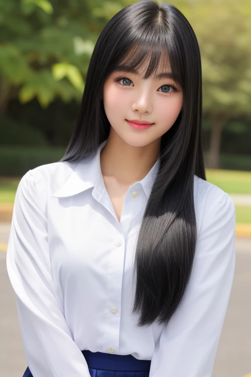 1 korean girl、high school Student uniform、blue-sky、Bright and very beautiful face、strikingly beautiful, eyes hook the soul seduces you, shiny white shiny skin、Best Looks、black hair with dazzling light reflection、Beautiful platinum black hair is super long silky straight shiny、Long bangs、Very beautiful 17 year old、Big eyes that shine crystal clear light blue、Beautiful cute beautiful girl, portrait photo