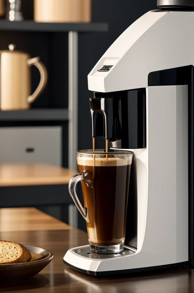 Industrial robotics, mostrando una escena interactiva. La pantalla del iPhone muestra una mancha elegante. Stainless steel coffee mug in colors with the name "METAVERSO". "ROBÓTICS" elegantly written in script. Captivating moment captures a coffee maker pouring fresh coffee directly into the cup, breaking the limits of the screen. El ambiente es animado y alegre, masterfully combining technology and everyday life
