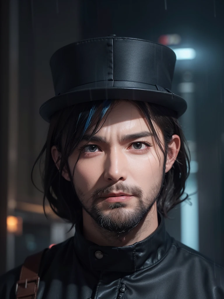 A sad man, short beard, wear hat, standing on the skycraper building with their loneliness, anger on the face, soaked wet building, rainy night, detailed portrait, wet in the rain, thunder lighting in the sky, dynamic pose, model pose, realistic face, detailed blue hairs, red eye lense, ray tracing with 8K UHD resolution.
