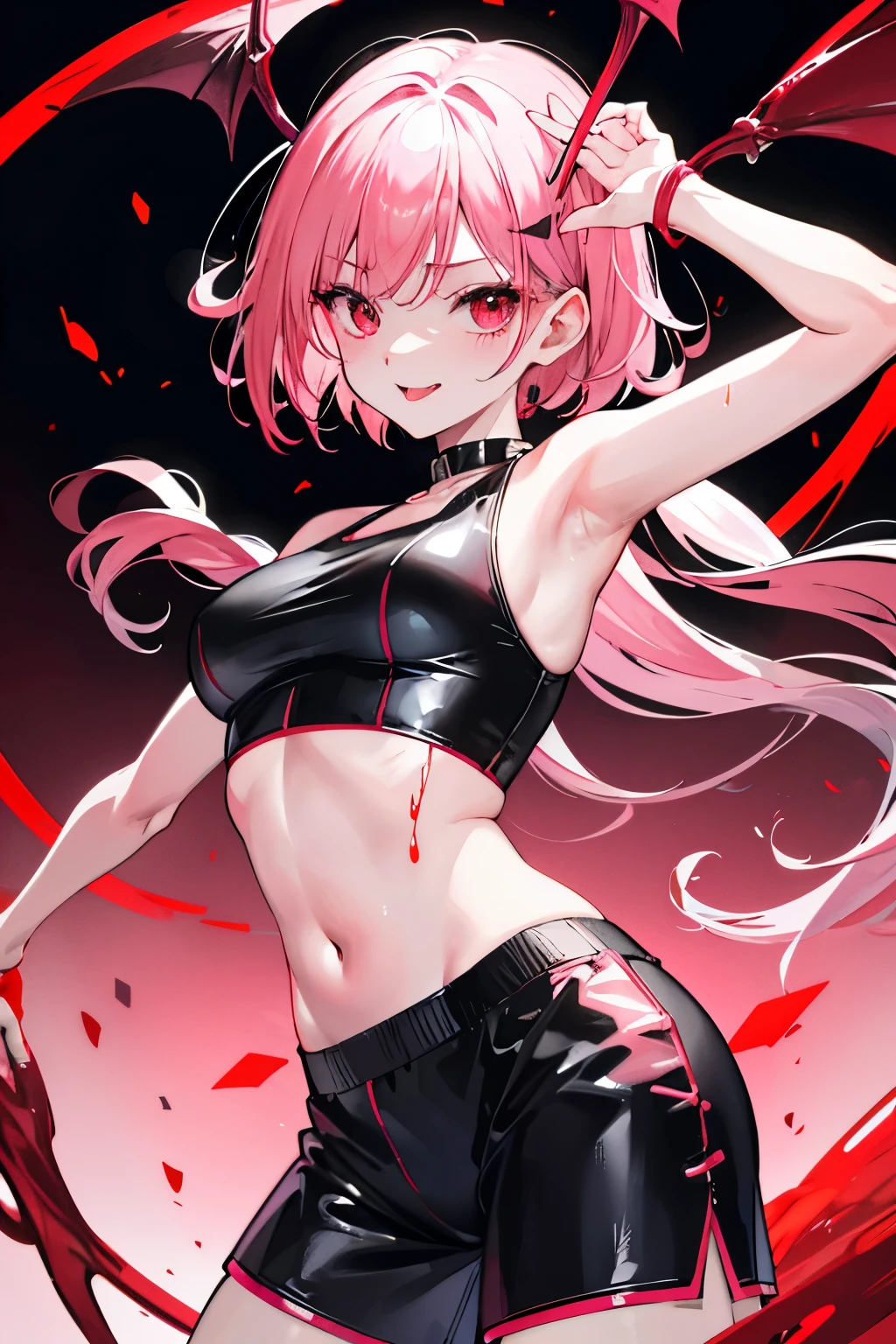 underdressing,Love,Playful,Sticking out tongue,Red Eyes,Sweat,Soaked,liquid,transparent,Back,Cropped tops,Leather Shorts,succubus,pink