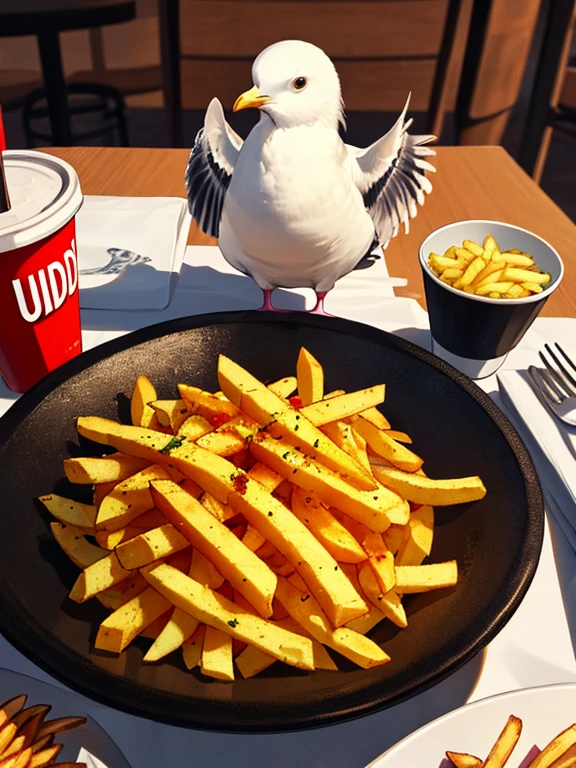 Seagull and Fries, UHD, retina, masterpiece, ccurate, anatomically correct, textured skin, super detail, high details, high quality, best quality, highres, 4K