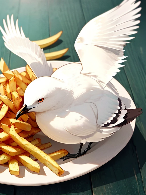 Seagull and Fries, UHD, retina, masterpiece, ccurate, anatomically correct, textured skin, super detail, high details, high quality, best quality, highres, 4K