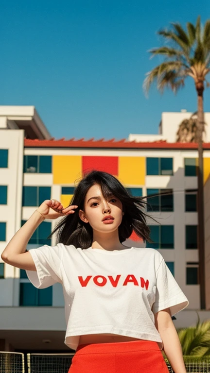 1 girl, beautiful, black bob hair, almond eye, no makeup, white tshirt, ((oversize_tshirt)), peach tennis skirt in front of ((80's mondrian architecture colorful motel)),(from below:1.2), (realistic:1.1), (surreal:1.2), (very detailed:1.1), ((masterpiece)),summer, blue sky, palm trees,sunny, los angles vibes,