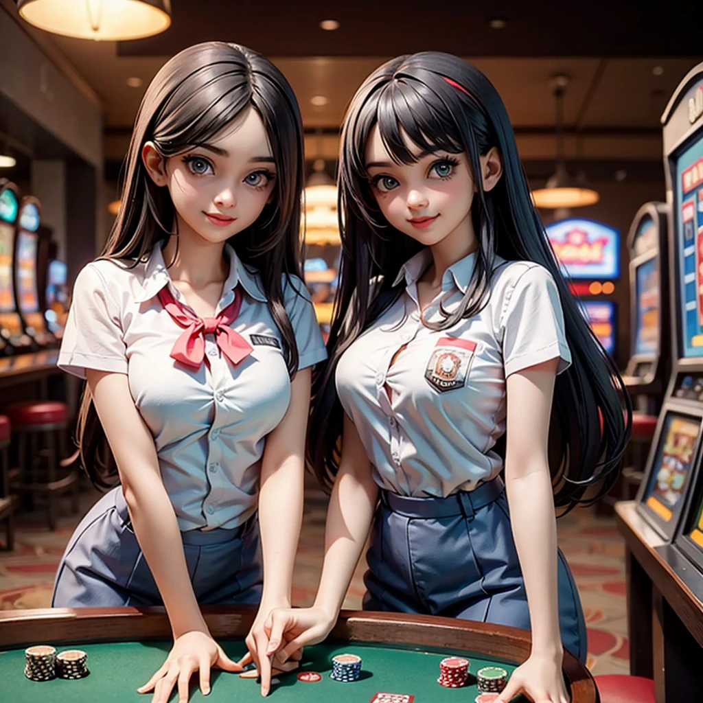 (masterpiece, best quality, high resolution), 19 years old, indonesia school girls, standing and teasing, perfect eyes, indonesia face, smile, laugh, mix colour hair, colourfull casino, poker, gambling, slot machine, baccarat, roulette, customer service, flirting you